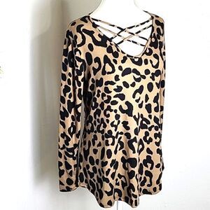 Heimish U.S.A. Leopard Print Top with Criss-Cross Neckline,  Size Small